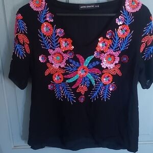Antik Batik black blouse with many sequins. Size xs.